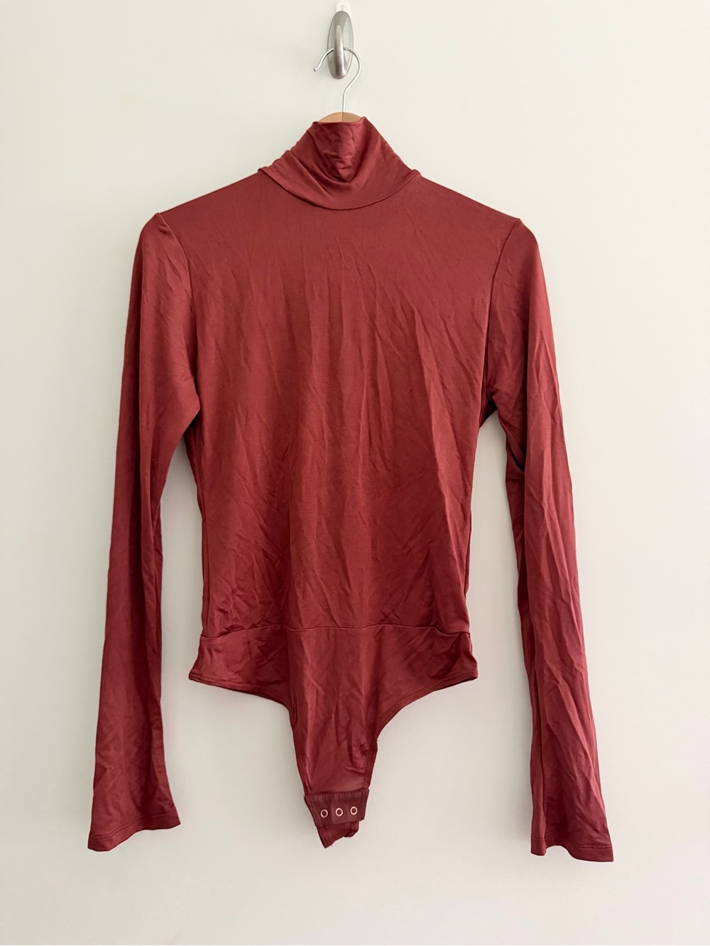 Johanna Ortiz Designer Solo Trip Bodysuit Long-Sleeve Turtleneck Rust Keyhole XS